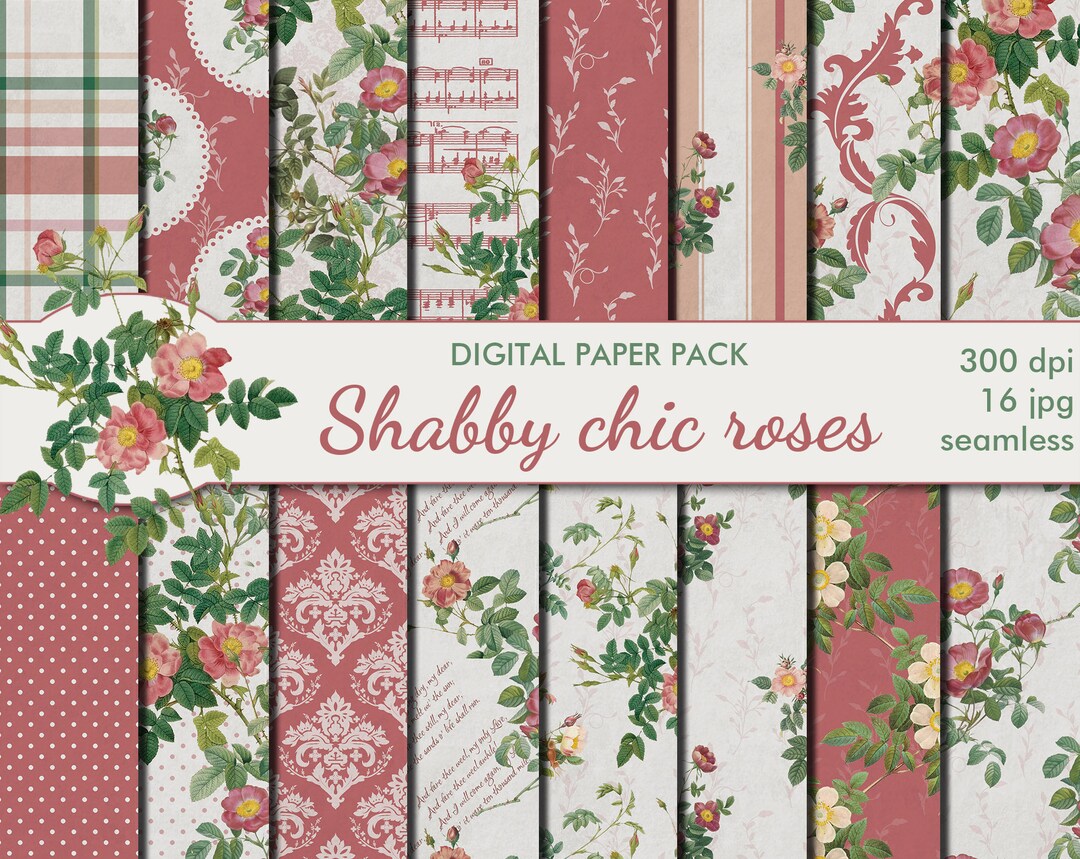 Digital Shabby Chic Roses Seamless Paper Pack, 16 Printable ...