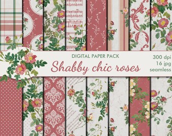 Pacote de papel digital Shabby Chic Roses sem costura, 16 papéis para scrapbooking imprimíveis, rosas retrô Colagem digital, download instantâneo, conjunto 407