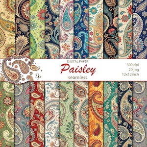Può includere: Una collezione di motivi paisley senza cuciture creati digitalmente in vari colori. I motivi presentano intricati disegni floreali e a goccia. L'immagine include il testo "Digital Paper Paisley seamless".