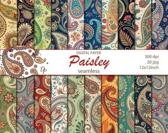 Papéis digitais paisley sem emendas, 20 padrões imprimíveis para scrapbooking, colagem floral digital, download instantâneo, conjunto 256