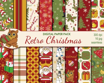 Puede incluir: Un paquete de papel digital con 16 patrones navideños retro sin costuras. Los patrones son de color rojo, verde, blanco y dorado e incluyen imágenes de Papá Noel, muñecos de nieve, bastones de caramelo, regalos y árboles de Navidad.