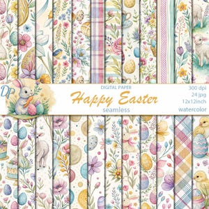 May include: A set of 24 digital paper designs featuring watercolor illustrations of Easter eggs, bunnies, chicks, flowers, and other spring-themed elements. The papers are seamless and perfect for crafting, scrapbooking, and other creative projects.