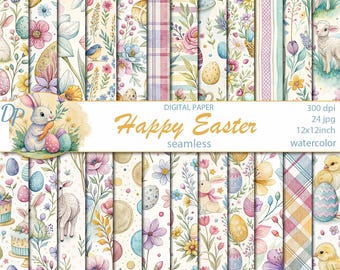 Papeles sin costuras con motivos digitales de Pascua, patrón imprimible para álbumes de recortes, acuarela, Pascua en colores pastel, descarga instantánea, uso comercial, conjunto 501