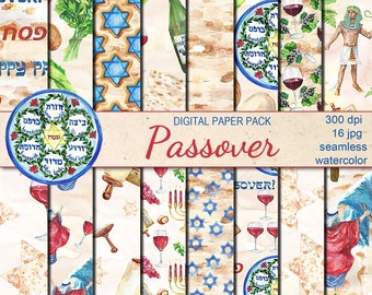 May include: A digital paper pack with 16 seamless watercolor patterns featuring Passover symbols like a Seder plate, matzah, wine glasses, and a Star of David. The text "Passover" is written in a large, decorative font.