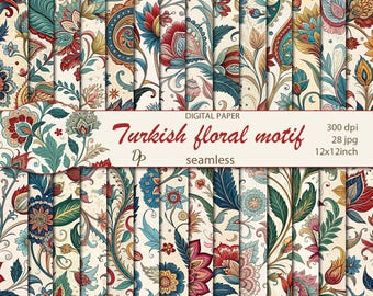 Papéis digitais sem emenda com motivos florais turcos, 28 padrões imprimíveis para scrapbooking em tecido, colagem étnica, download instantâneo, conjunto 539