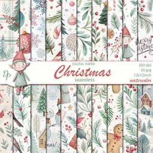 Digitale delicate aquarel kerst naadloos papier, 20 afdrukbare scrapbooking kerstpatronen, nieuwjaarscollage, direct downloaden, set 71