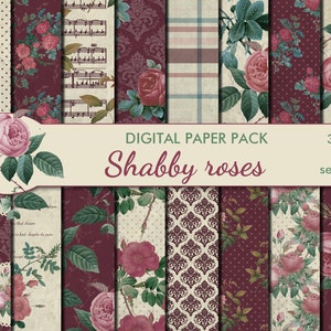 Digital Shabby Chic Burgundy Roses Seamless Paper Pack, 16 carte Scrapbooking stampabili, Rose retrò Collage, Download istantaneo, set 412