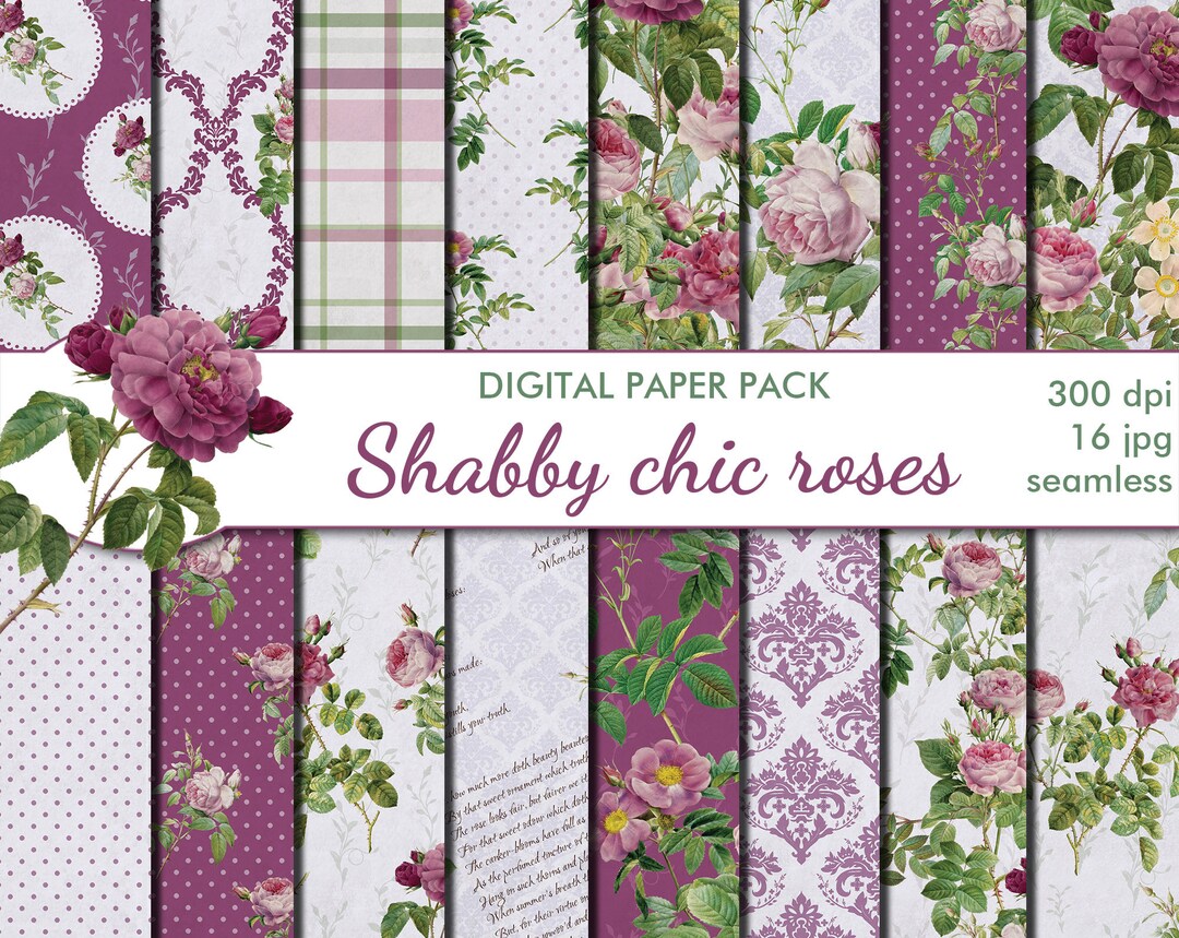 Digital Shabby Chic Roses Seamless Paper Pack, 16 Printable ...