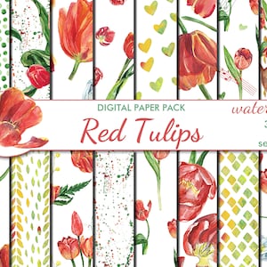 Digitales Aquarell Rote Tulpen Papier Pack, 16 druckbare Scrapbooking Papiere, Blumen Collage, Decoupage, Instant Download, set 372