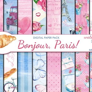 Digital Bonjour Paris Paper Pack, 16 printable Digital Scrapbooking seamless papers, Valentines Digital Collage, Instant Download, set 353