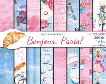 Digital Bonjour Paris Paper Pack, 16 printable Digital Scrapbooking seamless papers, Valentines Digital Collage, Instant Download, set 353