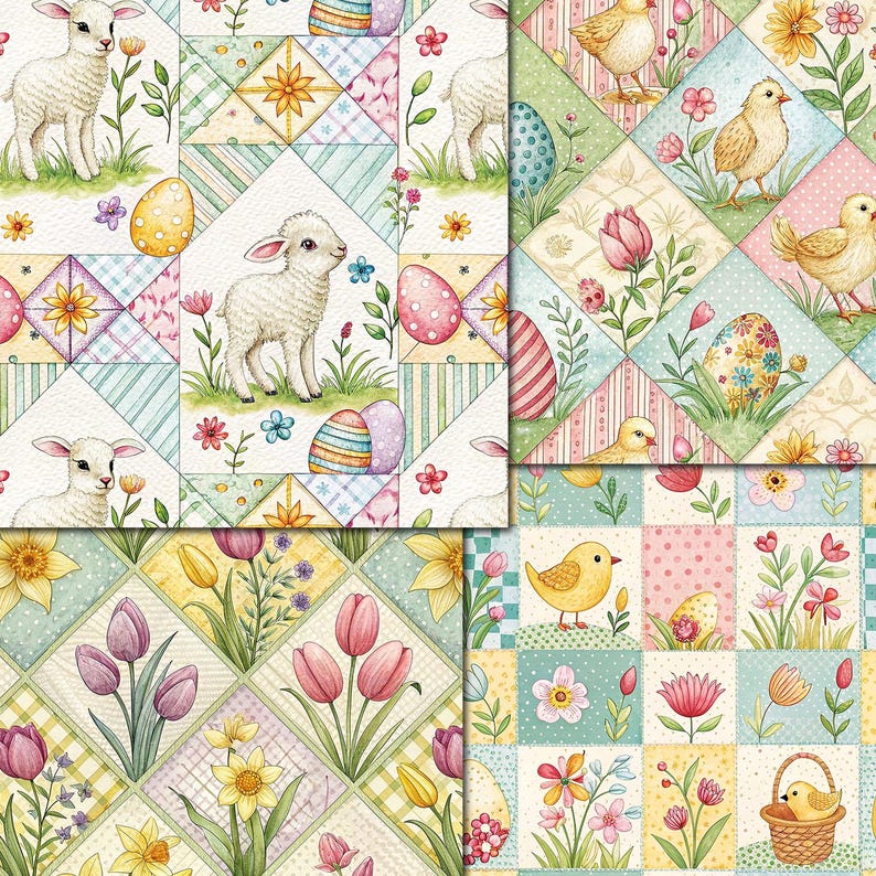 Puede incluir: Un dise&ntilde;o de patchwork con ilustraciones tem&aacute;ticas de Pascua. El dise&ntilde;o incluye corderos, pollitos, huevos de Pascua, flores y tulipanes. La paleta de colores es suave, con tonos pastel de rosa, amarillo, azul y verde. El tema general es la primavera y la Pascua.