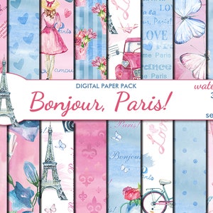 Digital Bonjour Paris Paper Pack, 16 printable Digital Scrapbooking seamless papers, Valentines Digital Collage, Instant Download, set 354