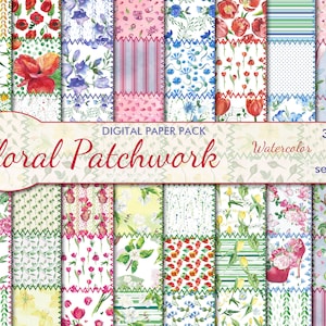 May include: A digital paper pack featuring 16 seamless floral patterns in a patchwork style. The patterns include watercolour illustrations of flowers, leaves, and stripes in shades of pink, red, blue, green, and yellow. The text "Floral Patchwork" is displayed on the image.