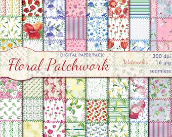 Digital Patchwork Fabric Seamless Paper Pack, 16 printable Digital Scrapbooking papers, Floral Digital Collage, Instant Download, set 453