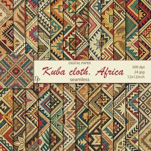 Puede incluir: Papel digital con patrones de tela Kuba de África. Los diseños sin costuras muestran formas geométricas en una variedad de colores, incluyendo rojo, azul, amarillo y verde. La imagen incluye el texto "Kuba cloth. Africa" y "12x12 inch" (30,48 cm x 30,48 cm).