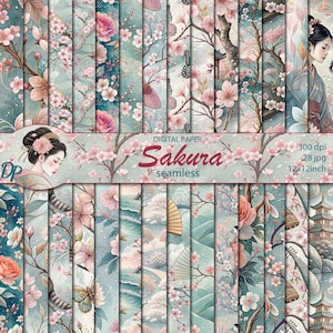 May include: A set of 28 digital papers featuring a Japanese cherry blossom theme. The papers are seamless and come in a variety of designs, including cherry blossoms, fans, and traditional Japanese architecture. The papers are 300 dpi and 12x12 inches.