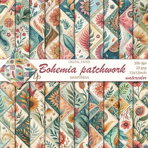 Op de afbeelding: Een set van 20 digitale papieren met een bohemian patchwork ontwerp met aquarel bloemen, bladeren en geometrische patronen in tinten teal, oranje, geel en roze. De papieren zijn 30,5 x 30,5 cm en 300 dpi.