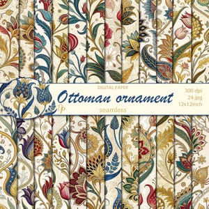 May include: A collection of seamless digital paper patterns featuring an Ottoman ornament design. The patterns showcase intricate floral and botanical motifs in shades of blue, red, gold, and green on a cream background. The text reads "Ottoman ornament seamless".