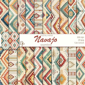 Puede incluir: Colección de diseños de papel digital con un patrón Navajo sin costuras. Los diseños presentan formas geométricas en tonos rojos, naranjas, turquesas y crema. El texto "Navajo seamless" se muestra en la imagen.