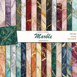 May include: A set of 30 digital paper designs featuring marble patterns with gold accents. The papers are seamless and come in a variety of colors, including green, blue, pink, red, and brown. Each paper is 12x12 inches and 300 dpi.