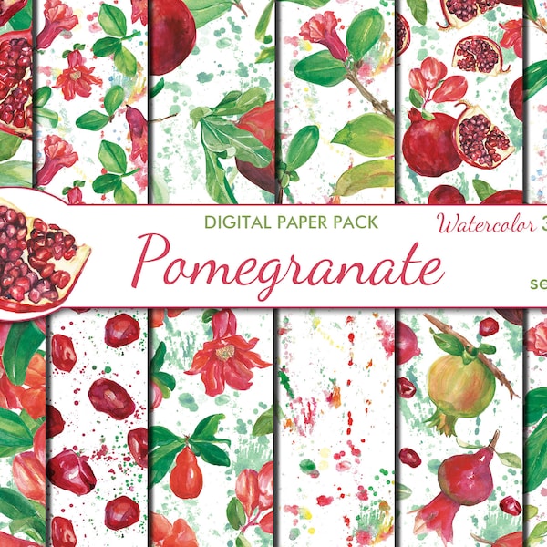 Digital Watercolor Pomegranate Seamless Paper Pack, 12 printable Scrapbooking papers, Floral Collage, Decoupage, Instant Download, set 426