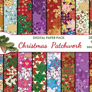 Può includere: Un pacchetto di carta digitale con 16 motivi di patchwork natalizio senza cuciture in rosso, verde, blu, bianco, oro e viola. I motivi presentano stelle, fiocchi di neve, alberi, ornamenti e altri motivi festivi.