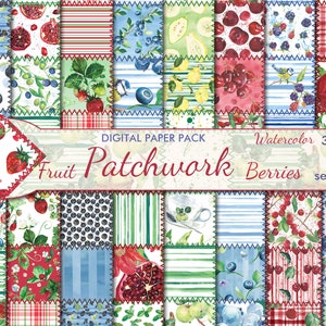 Puede incluir: Un paquete de papel digital con 16 patrones sin costuras que presentan ilustraciones de acuarela de frutas y bayas. Los patrones incluyen fresas, arándanos, cerezas, moras, granadas y limones. El texto "Fruit Patchwork Berries" se muestra en la imagen.
