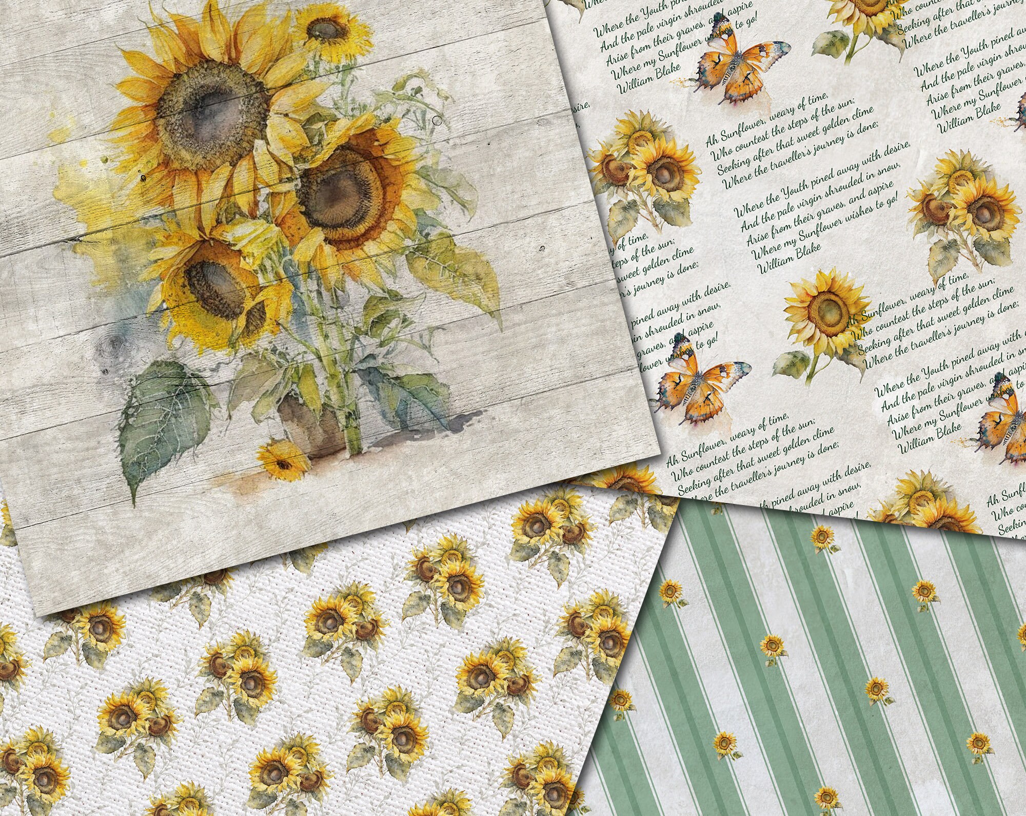 Digital Vintage Sunflowers Paper Pack, 20 Printable Wooden and Linen ...