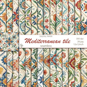 May include: Digital paper featuring a seamless Mediterranean tile design. The tiles showcase floral patterns in shades of blue, orange, and green on a cream background. The text "Mediterranean tile seamless" is displayed on the image.