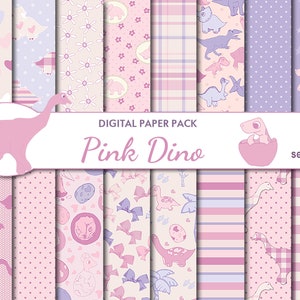 Digital Pink Dino Seamless Paper Pack, 16 bambini stampabili Digital Scrapbooking papers, baby girl Digital Collage, Download istantaneo, set 298