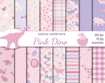 Pacote de papel digital Pink Dino Seamless, 16 papéis de scrapbooking digital para impressão infantil, colagem digital para meninas, download instantâneo, conjunto 298