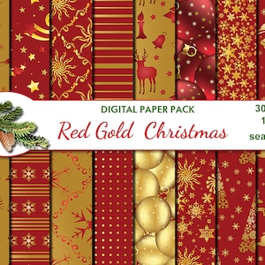 Puede incluir: Un paquete de papel digital con 16 patrones navideños rojos y dorados sin costuras. Los patrones incluyen copos de nieve, estrellas, adornos, renos y árboles de Navidad.