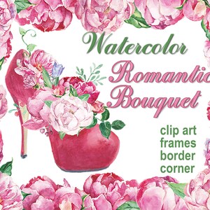 Digital 12 Watercolor Romantic bouquet clip art, frames, border, corner, peonies Digital Collage, Valentines Day, Instant Download,clip 62