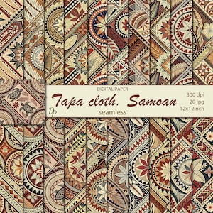 May include: Digital paper pack featuring various seamless patterns inspired by Tapa cloth. The designs showcase geometric shapes, floral motifs, and tribal elements in shades of brown, red, and beige. The text reads "Tapa cloth. Samoan seamless". The pack includes 20 JPG files, 12x12 inch.