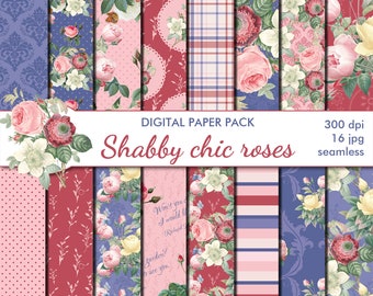 Digital Shabby Chic Pink Roses Seamless Paper Pack, 16 printable Scrapbooking papers, retro roses Digital Collage, Instant Download, set 211
