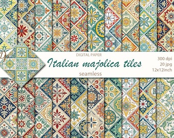 Azulejos de majólica italiana digital sem costura, 20 padrões de scrapbooking para impressão, colagem étnica mediterrânea, download instantâneo, conjunto 511