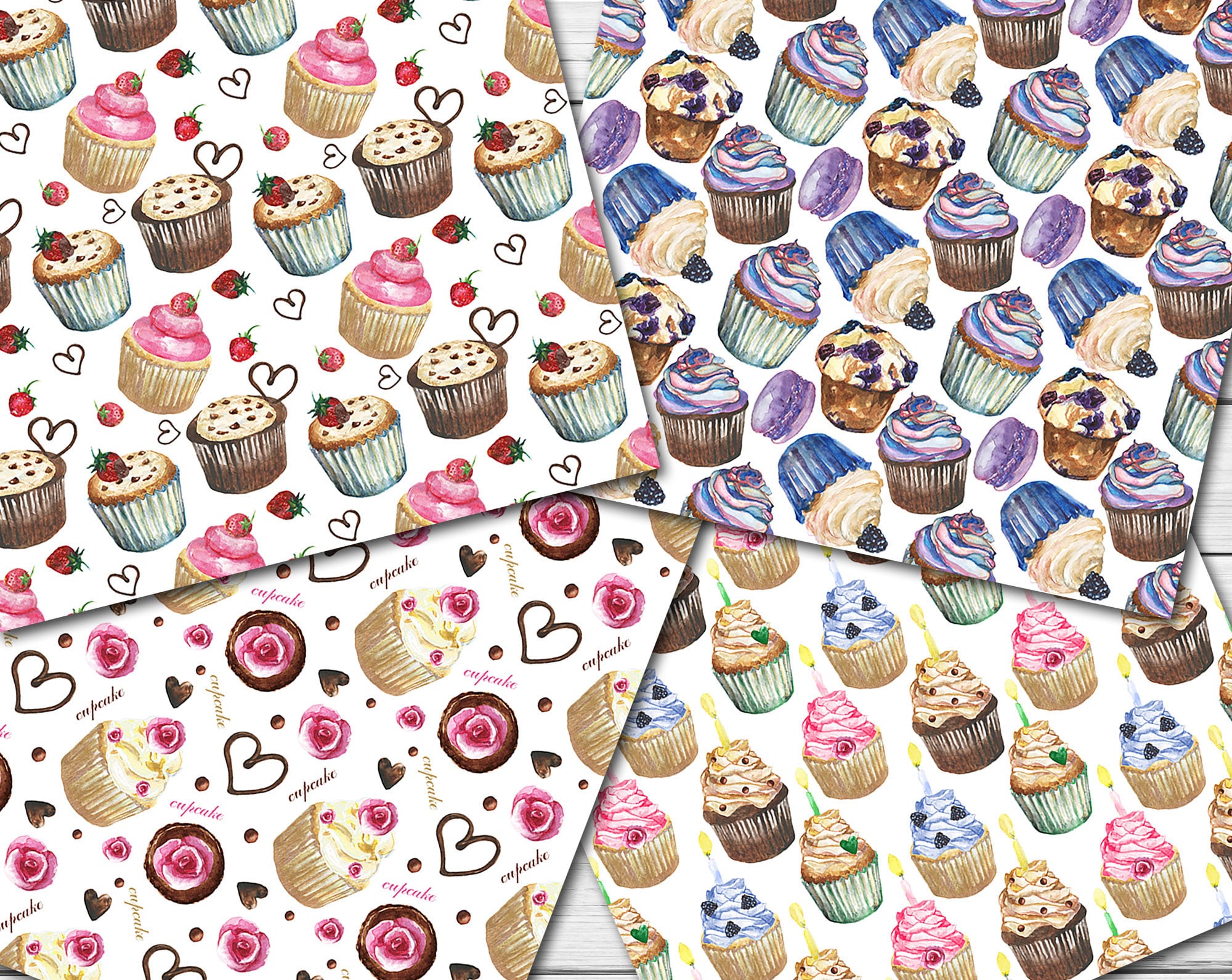 Digital Watercolor Cupcakes Seamless Paper Pack, 16 Printable Digital ...