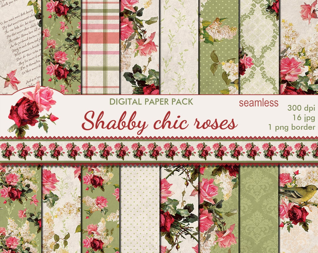 Digital Shabby Chic Pink Roses Seamless Paper Pack, 16 Printable ...