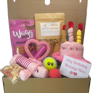 May include: A dog birthday gift box with treats and toys. The box includes a pink plush pig, a tennis ball, a rope toy, and a plush birthday cake. The box also contains a card that says "Any Birthday Message Here".