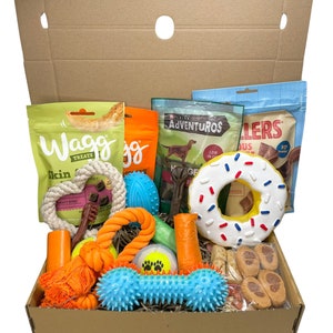 May include: A cardboard box filled with dog treats and toys. The box contains bags of treats, a rope toy, a blue spiky toy, a donut-shaped toy, and other colorful items. The box is open and ready to be gifted.