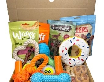 L'ENORME confezione regalo per cani, un cesto regalo o una scatola regalo unica con dolcetti e giocattoli per cani. Regali per cani, dolcetti per cani, regalo di compleanno per cani