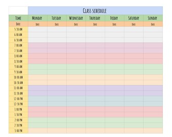 Printable Weekly Class Schedule for College Students, Printable Weekly Class Schedule for High School Students,