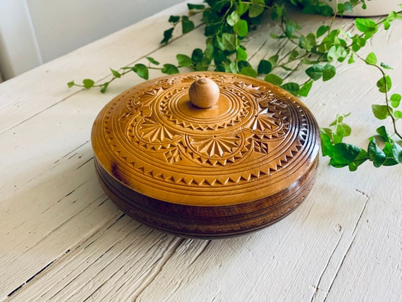 Vintage Carved Round Wooden Box - image 1