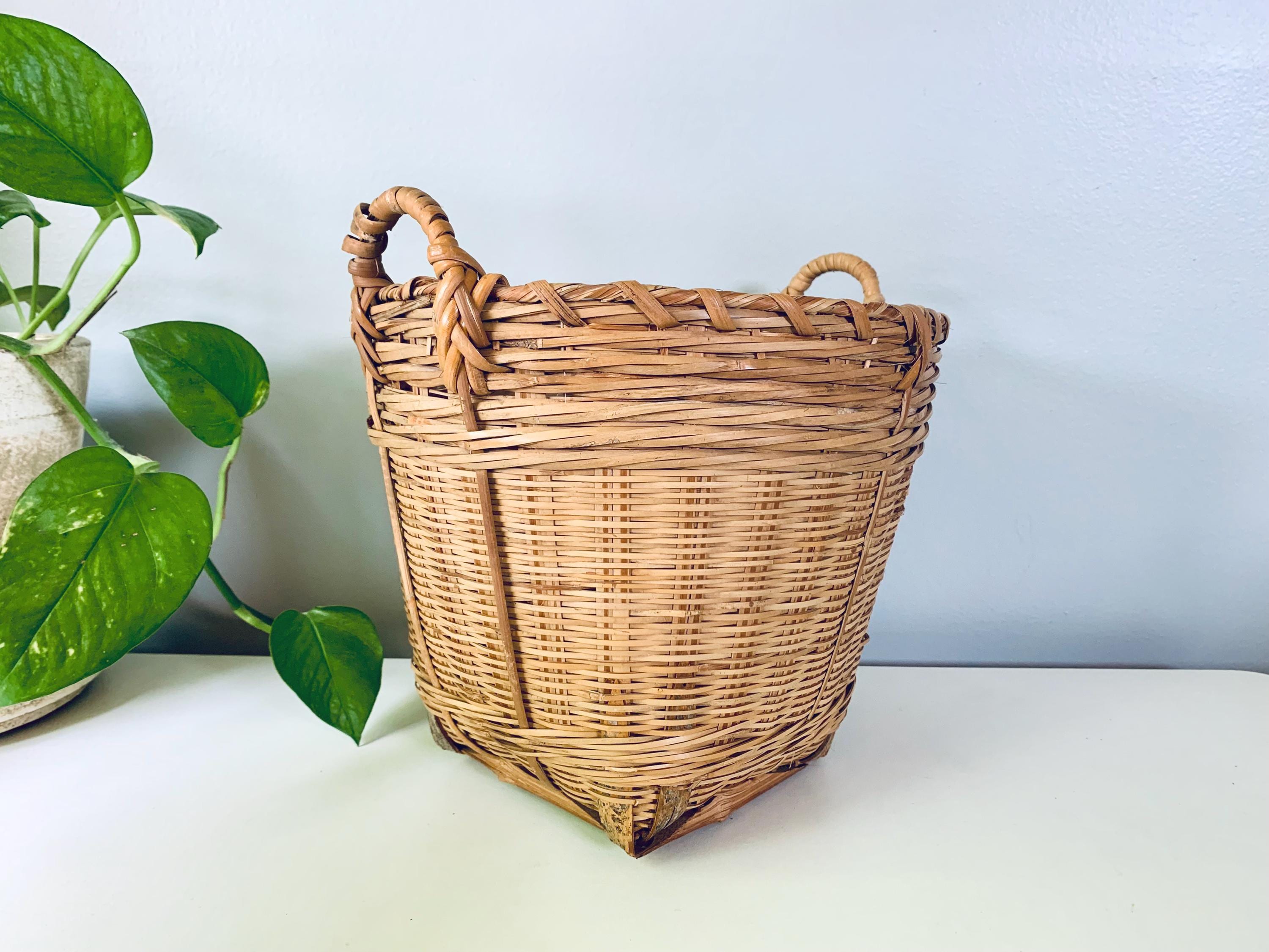 Vintage Woven Bamboo Gathering or Planter Basket with Handles