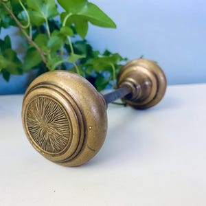 May include: Antique brass door knob with a detailed, circular design on one side. The knob is set against a white surface with green foliage and a light blue background.