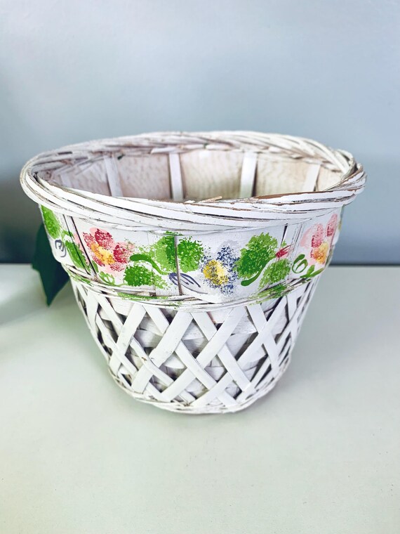 Vintage White Chippy Painted Wicker Basket With Floral Design