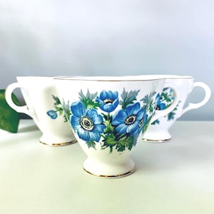 Set of 3 Vintage Bone China Tea Cups, Blue Floral Teacups Made in England