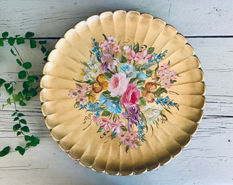 Beautiful Painted Floral Gold Tray, Round with Scalloped Edge