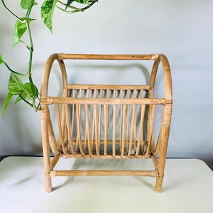 Large Vintage Mid Century Style Bamboo Rattan Magazine or Record Holder, Light Wood Color